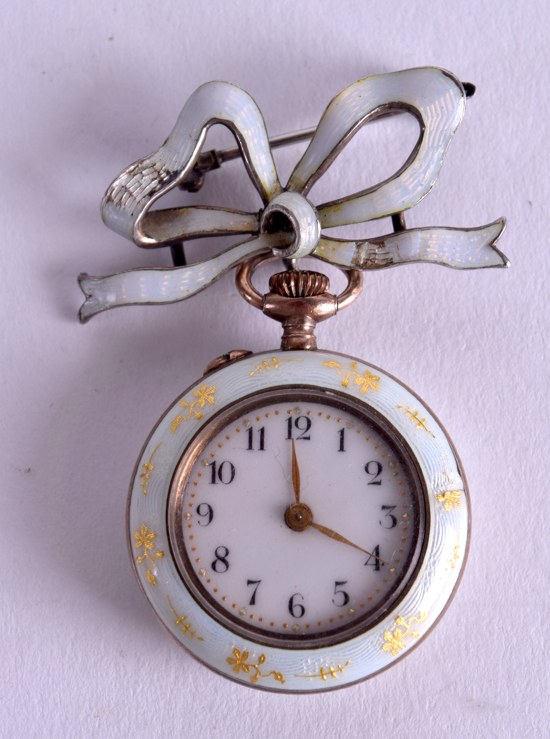 AN EDWARDIAN 9CT GOLD ENAMEL AND SILVER LADIES FOB WATCH with attaching hanging enamelled ribbon. - Image 2 of 5