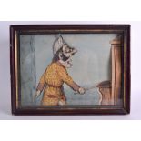 A RARE MID 19TH CENTURY AUTOMATON PAPER FRAMED DIORAMA depicting a male swatting at a roaming mouse.