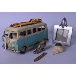 A VINTAGE MODEL OF A CAMPERVAN, together with two pin cushions, picture frame etc. (5)