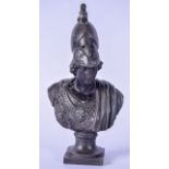 AN EARLY 20TH CENTURY PEWTER BUST OF BRITAINNIA, modelled with a sphinx on her helmet. 36 cm high.