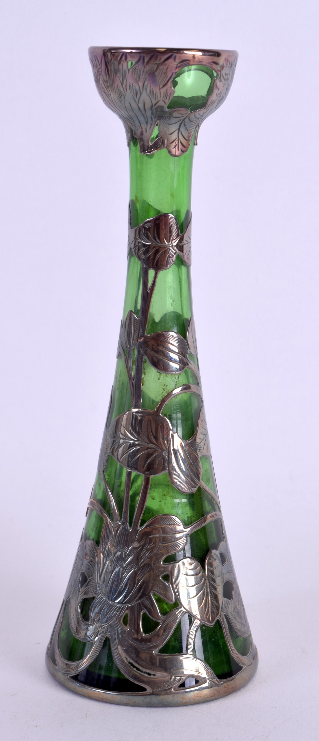 A LOVELY ART NOUVEAU SILVER OVERLAID GREEN GLASS VASE. 16 cm high.