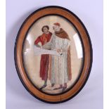 AN 18TH/19TH CENTURY CONTINENTAL FRAMED EMBROIDERED SILK MINIATURE decorated with two figures