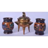 AN EARLY 20TH CENTURY CHINESE BRONZE CENSER, together with a pair of cloisonne vases. Censer 15 cm