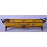 AN EARLY 20TH CENTURY YELLOW GROUND PORCELAIN TRAY WITH BRONZE MOUNTS, decorated with birds