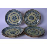 A SET OF SIX CHINESE CELAON GROUND PLATES BEARING QIANLONG MARKS, decorated with bats and