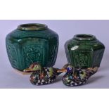 TWO CHINESE GREEN GLAZED POTTERY JARS, together with a pair of cloisonne ducks. Largest 12.5 cm.