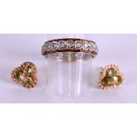 A PAIR OF 9CT GOLD AND PERIDOT EARRINGS together with a 9 ct gold eternity ring. (3)