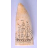 A 19TH CENTURY CARVED SAILORS IVORY SCRIMSHAW TOOTH depicting an American boat in full sail, the