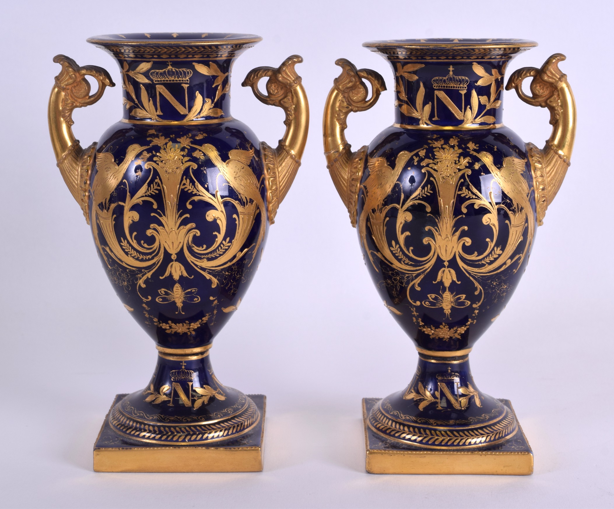 A FINE PAIR OF MID 19TH CENTURY TWIN HANDLED BERLIN VASES painted with female portraits under a - Image 2 of 3