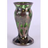 A SMALLER ART NOUVEAU SILVER OVERLAID GREEN GLASS VASE. 10.5 cm high.