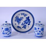 A PAIR OF CHINESE BLUE AND WHITE PORCELAIN CUPS WITH COVERS, together with a dish. (3)