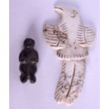 A 19TH CENTURY CENTRAL ASIAN CARVED STONE FLATTENED BIRD together with an early carved stone figure.