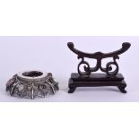 A 19TH CENTURY CHINESE SILVER JADEITE AND HARDSTONE STAND together with a small Chinese hardwood