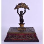 A MID 19TH CENTURY FRENCH BOULLE WORK BRONZE DESK STAND of rectangular form modelled with a female