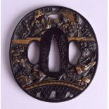 A FINE 19TH CENTURY JAPANESE MEIJI PERIOD GOLD ONLAID BRONZE TSUBA decorated with figures and