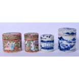 A GROUP OF FOUR CHINESE PORCELAIN BOXES AND COVERS, two famille rose decorated with figures and