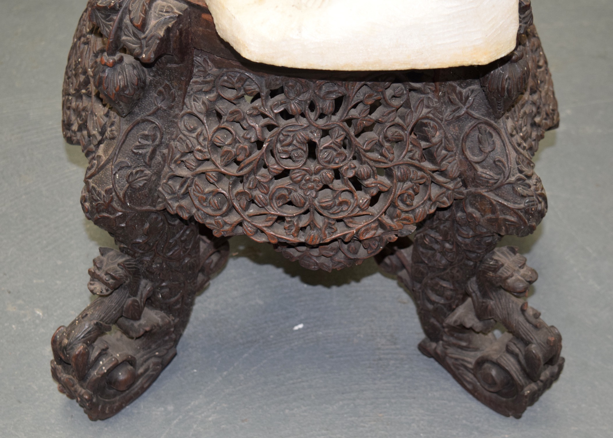 A MID 19TH CENTURY BURMESE CARVED SCROLLING HARDWOOD STAND. 45 cm x 45 cm. - Image 2 of 5