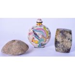 A CHINESE ENAMELLED SNUFF BOTTLE BEARING QIANLONG MARKS, together with a pottery object and a