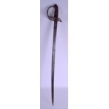 A 19TH CENTURY MILITARY NAVAL SWORD with open work grip and engraved blades. 94 cm long.