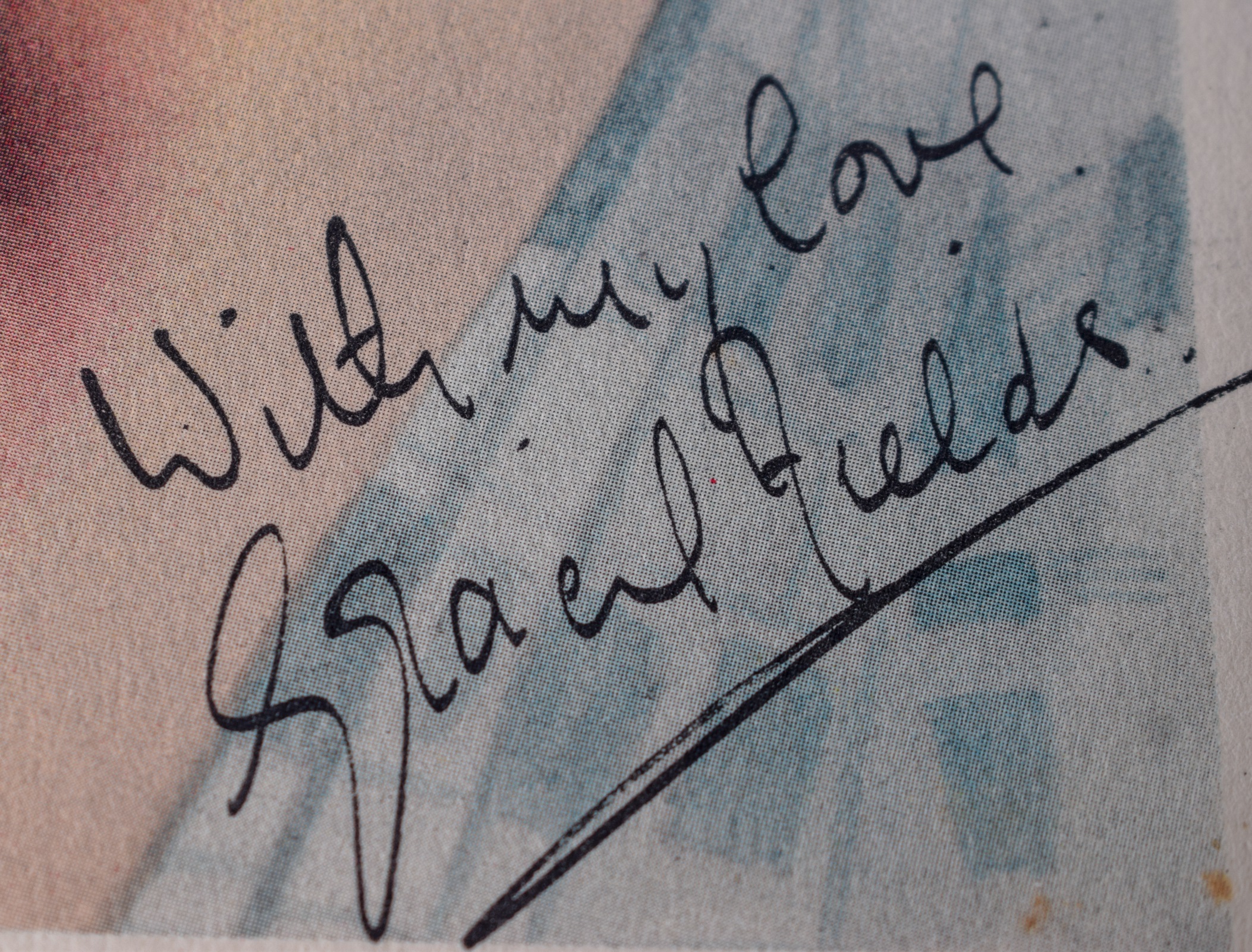 A RARE PICTURE OF ACTRESS GRACIE FIELDS, signed "with my love, Gracie Fields". 23 cm x 18 cm. - Image 3 of 3