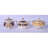 THREE ENGLISH PORCELAIN SUCRIERS AND COVERS, decorated with foliage. (3)