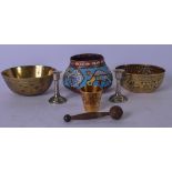 AN EARLY 20TRH CENTURY PERSIAN ENAMELLED COPPER BOWL, together with two engraved brass bowls etc. (