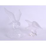 A FRENCH LALIQUE FIGURE OF A BIRD together with another pressed glass eagle. Lalique 19 cm x 12