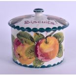 A SCOTTISH WEMYSS POTTERY BISCUIT BOX AND COVER painted with fruit. 13 cm x 9 cm.