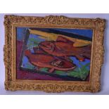 BELGIAN SCHOOL (Early 20th century), framed oil on board, two fish on a board, signed. 23.5 cm x