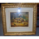 BRITISH SCHOOL (Early 20th century), framed oil on panel, signed, woman feeding sheep. 19 cm x 24