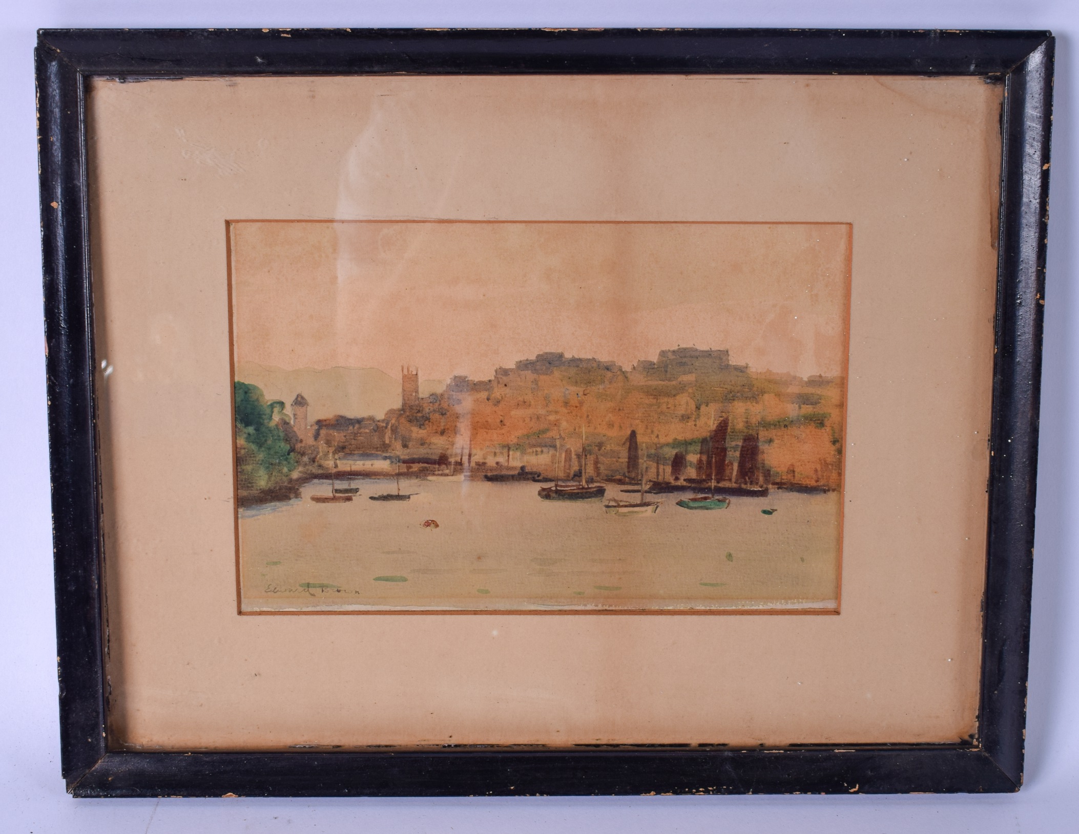 EDWARD BROWN, RI (British), framed watercolour, boats in a coastal landscape, signed. 16 cm x 15