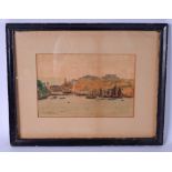 EDWARD BROWN, RI (British), framed watercolour, boats in a coastal landscape, signed. 16 cm x 15