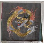 A LATE 19TH CENTURY JAPANESE EMBROIDERED SILK DRAGON SCROLL modelled within a wavy background. 48 cm
