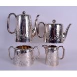 A STYLISH ARTS AND CRAFTS AESTHETIC MOVEMENT SILVER PLATED TEASET by Walker & Hall, engraved with
