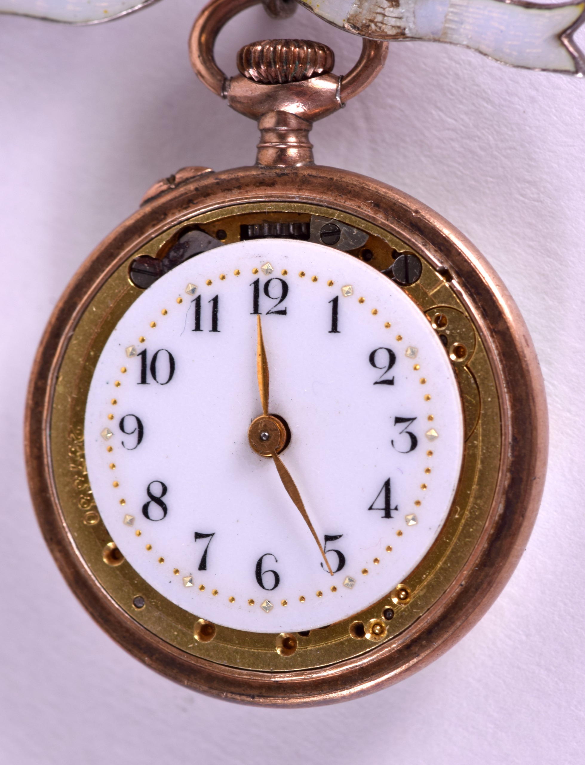 AN EDWARDIAN 9CT GOLD ENAMEL AND SILVER LADIES FOB WATCH with attaching hanging enamelled ribbon. - Image 5 of 5