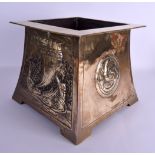 A STYLISH ARTS AND CRAFTS NEWLYN STYLE BRASS PLANTER decorated with Viking boats and swirling fish