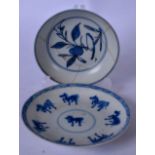 A CHINESE BLUE AND WHITE PORCELAIN SAUCER DECORATED WITH HORSES, together with another. Largest 11.5