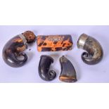 THREE ANTIQUE SNUFF MULLS, together with a tortoishell box and another. (5)