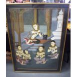 SOUTHEAST ASIAN SCHOOL, framed gouache on silk, buddhistic figures in a temple. 106 cm x 73 cm.