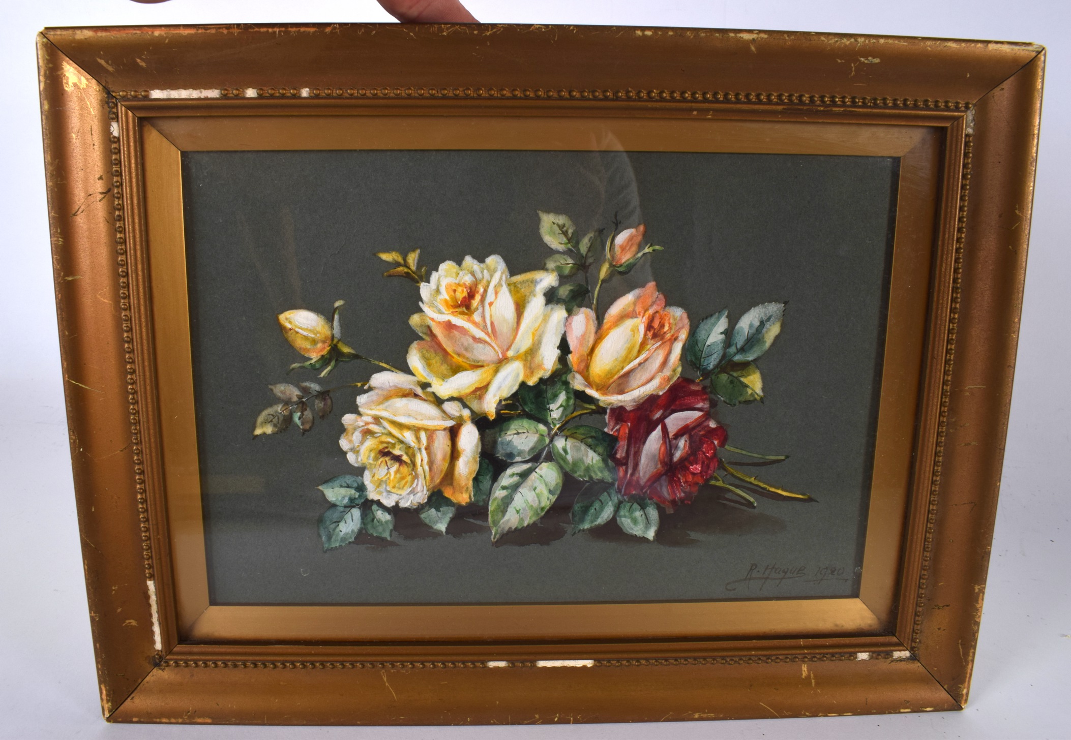 RUBEN HAGUE, framed watercolour, signed and dated 1920, still life flowers. 19 cm x 26 cm.