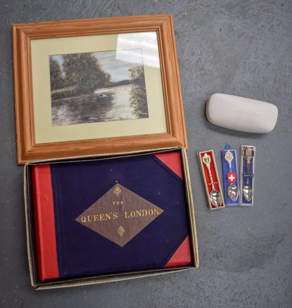 THE QUEEN'S LONDON ILLUSTRATED BOOK, together with a print and three spoons. (5)