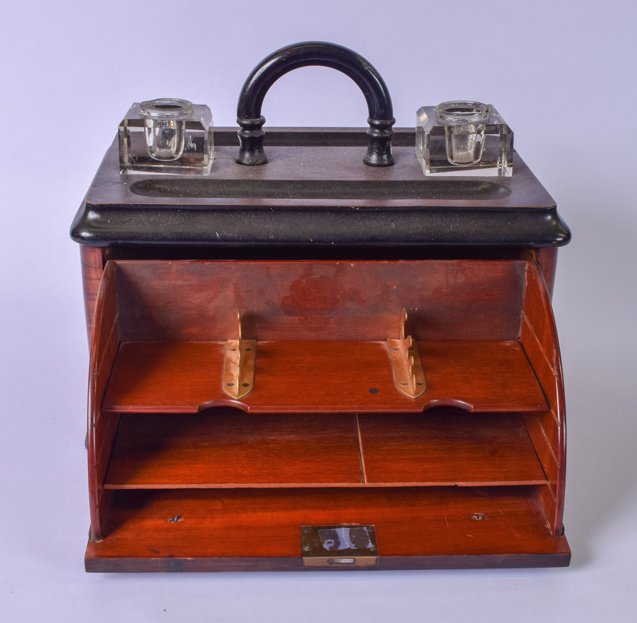 AN ANTIQUE WALNUT TRAVELLING STATIONARY BOX WITH INKWELL AND PEN TRAY, opening to reveal letter or - Image 2 of 3