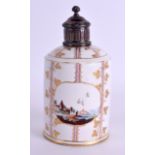 AN 18TH CENTURY GERMAN PORCELAIN TEA CANISTER with silver cover, painted with towns in the Meissen