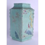 A MID 19TH CENTURY CHINESE TURQUOISE GLAZED LOZENGE VASE Daoguang, decorated in relief with