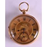 A VICTORIAN 18CT GOLD POCKET WATCH with foliate engraved dial and black painted numerals, the