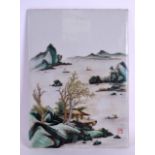 AN EARLY 20TH CENTURY CHINESE FAMILLE VERTE PORCELAIN PANEL painted with figures and boats within