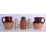 A PAIR OF 19TH CENTURY SAMSONS DERBY STYLE FIGURES together with two hunting jugs & a snuff