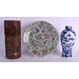 A 19TH CENTURY CHINESE BLUE AND WHITE PORCELAIN VASE Kangxi style, together with a celadon plate & a