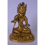 A CHINESE SINO TIBETAN GILT BRONZE BUDDHA OR STATUE IN THE FORM OF VAJRADHARA, modelled seated