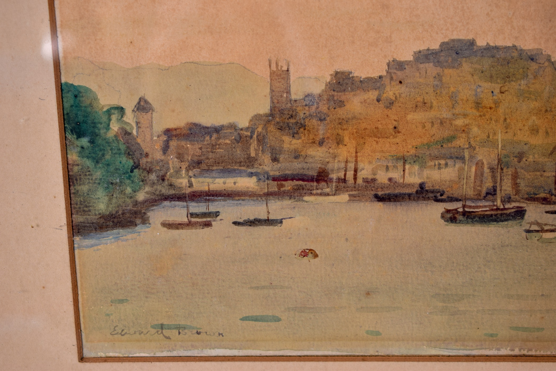 EDWARD BROWN, RI (British), framed watercolour, boats in a coastal landscape, signed. 16 cm x 15 - Image 2 of 4